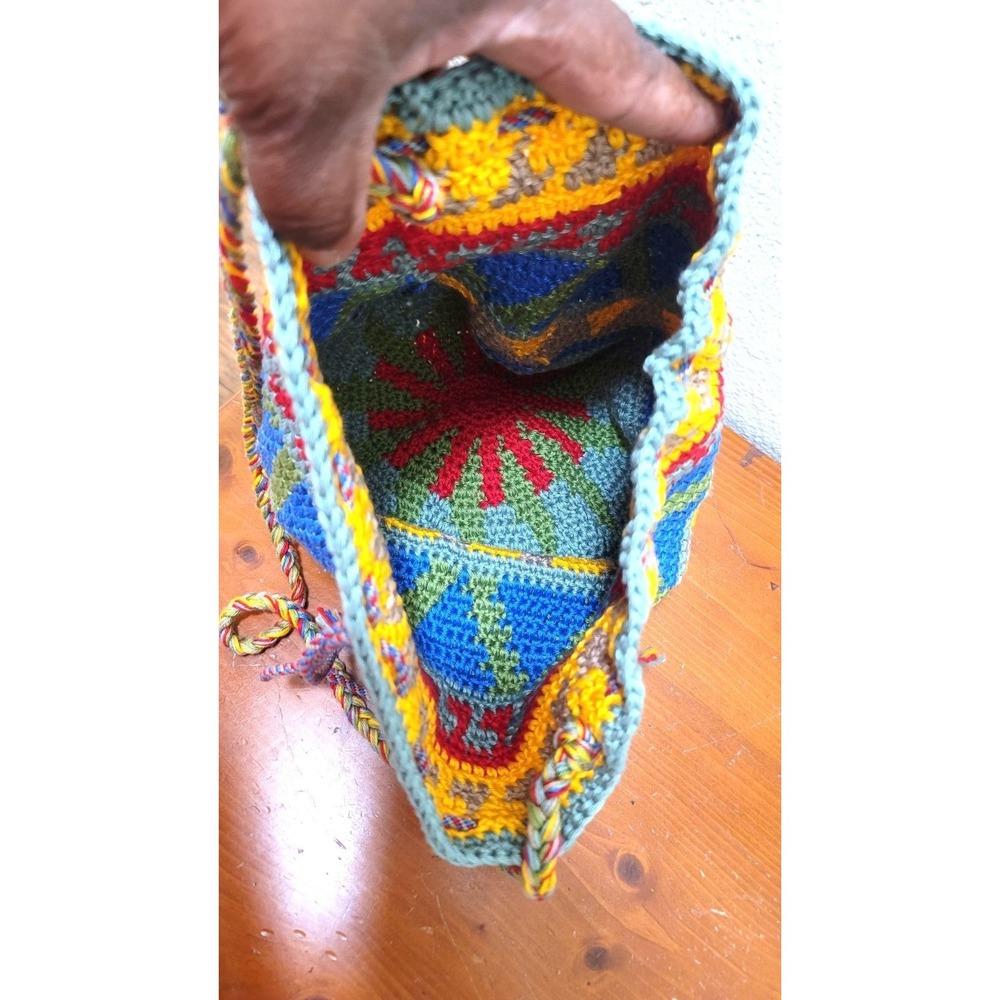 Handcrafted Colorful Crochet Sling Bag With Drawstring Closure For Boho-Chic Sty - Picture 5 of 8